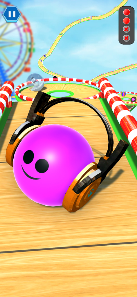 Hit Rolling Ball: Ball Game 3D - Pink smiley face ball wearing headphones rolling on a wooden track in an amusement park