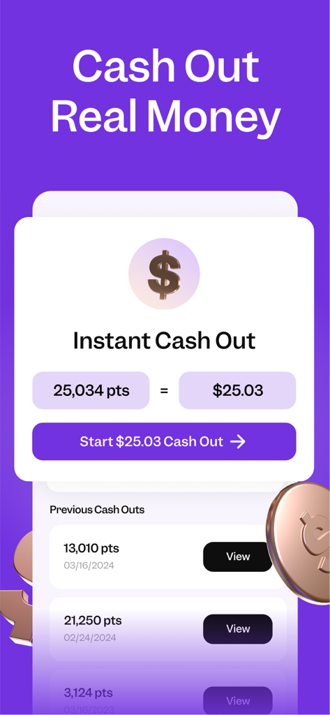 A mobile app screen showing the conversion of reward points to cash with an instant cash out button and transaction history.
