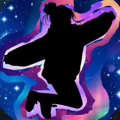 realistic girl jumping with a bun and oversized sweatshirt