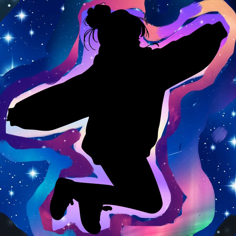 realistic girl jumping with a bun and oversized sweatshirt