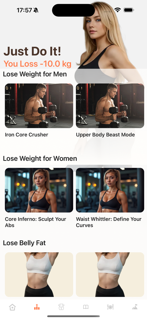 Exercise for Obesity at Home - Interface de l'application Exercice pour l'Obésité à Domicile montrant diverses catégories d'exercices pour hommes et femmes.