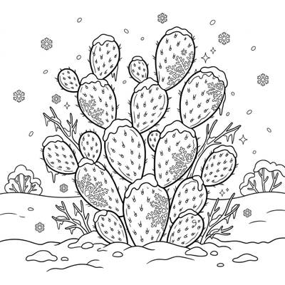 Experience the unexpected beauty of a desert plant transformed by winter in this unique coloring page. Delicate snowflakes fall around a snow-dusted prickly pear cactus, offering a delightful and calming artistic challenge.
