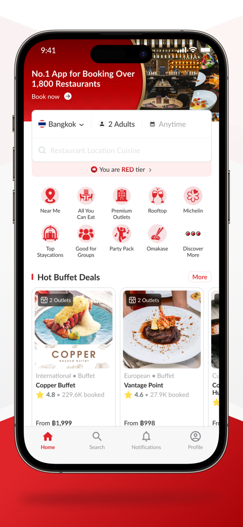 Hungry Hub - Dining Offer App - Pantalla de inicio de la app Hungry Hub que muestra categorías de reserva de restaurantes y ofertas de buffet populares