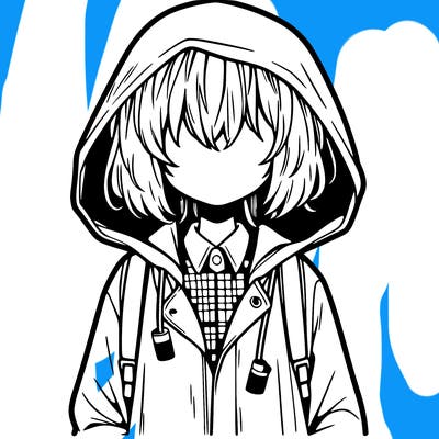 little anime girl in a raincoat her hair is covering her eyes she has a lighter