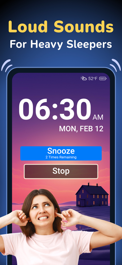 Alarm Clock ◎ - 目覚まし時計アプリのインターフェース。寝坊助さん向けに、スヌーズと停止ボタンが表示された午前6時30分が表示されている。
