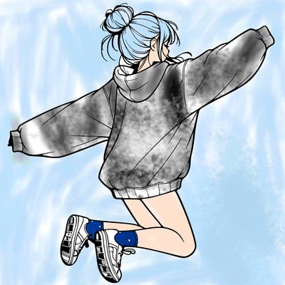 realistic girl jumping with a bun and oversized sweatshirt