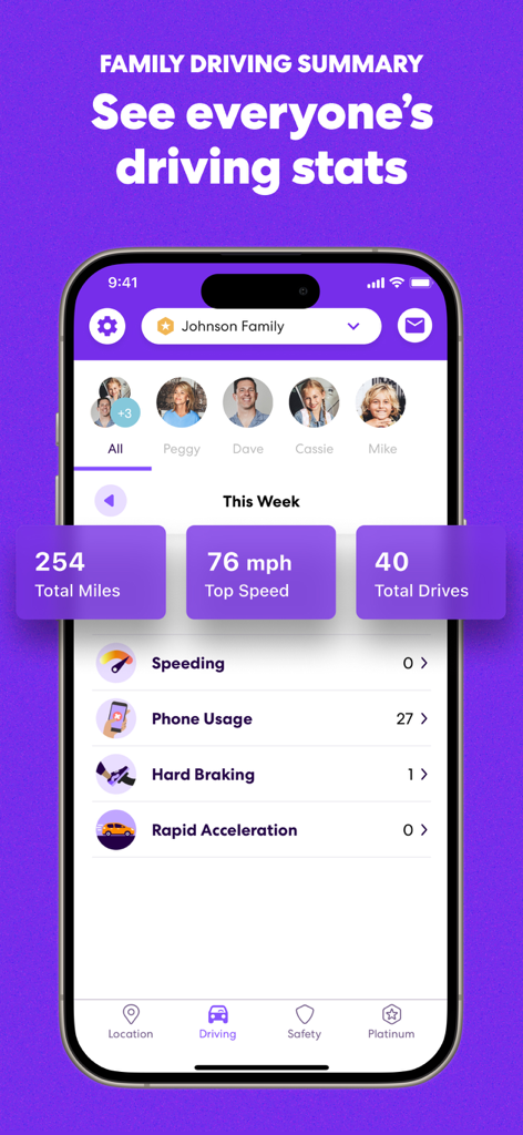 Capture d'écran de l'application Life360 montrant les statistiques de conduite de la famille, y compris la vitesse maximale et l'utilisation du téléphone