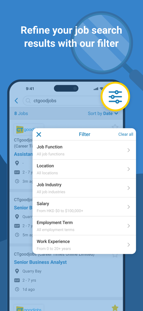 Interface of the CTgoodjobs app displaying various job search filters including location and salary.