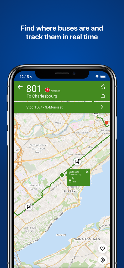 RTC’s real-time Nomade - Smartphone screen showing RTC Nomade app with real time bus tracking on a map for Quebec City