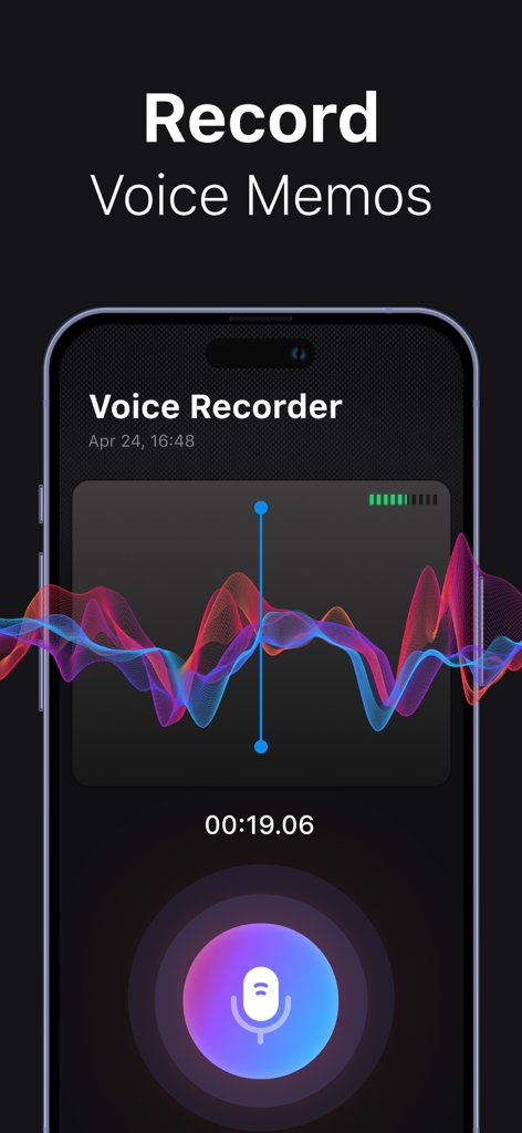 Voice Memos: AI Note Recorder - La interfaz de grabación de la aplicación Voice Memos AI Note Recorder con una forma de onda de audio activa y un botón de micrófono.