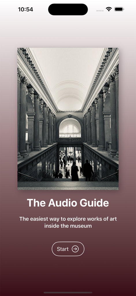 Met Tour Guide app welcome screen with museum interior photo