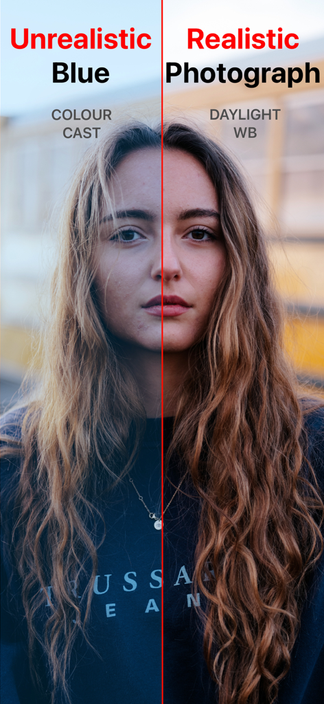 White Balance Meter AI - KEV - Retrato de pantalla dividida que muestra la diferencia entre una luz azul irreal y un balance de blancos de luz diurna realista