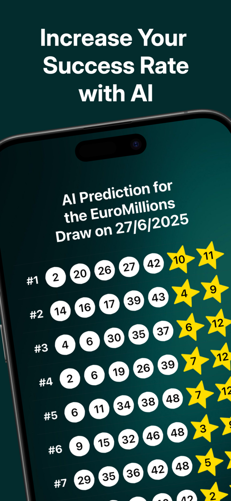 EuroMillions AI Predictor - 유로밀리언스 복권 추첨을 위한 AI 생성 번호를 표시하는 스마트폰 화면