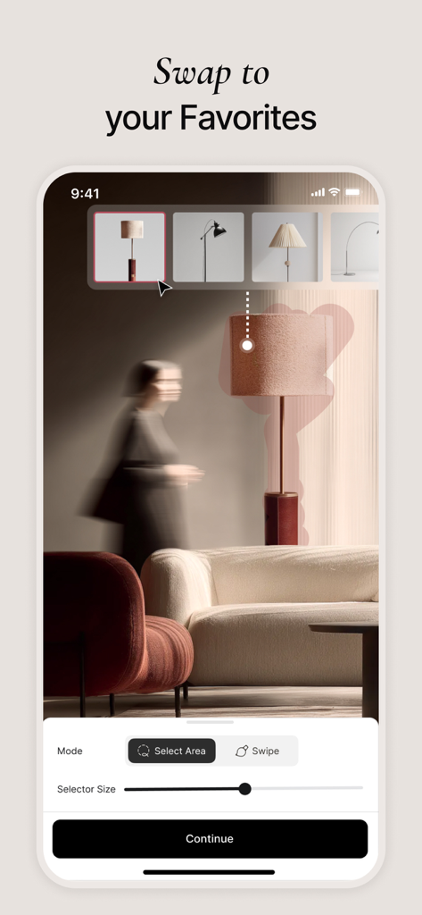 CozyAI - AI Home Design - Mobile app interface showing how to swap a lamp using AI furniture replacement