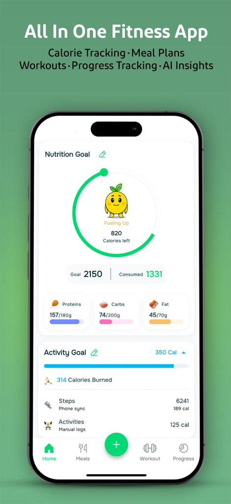 Calorii: All in One Fitness - Calorii fitness app dashboard showing nutrition and activity tracking goals