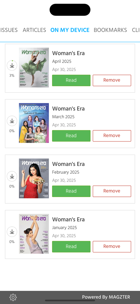 Woman's Era - A list of downloaded magazine issues in the Womans Era app library.