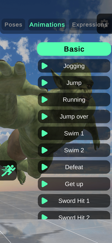 Pro Poser app interface showing animation options for a 3D character