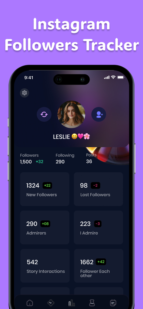 Profile Tracker:Who Unfollowed - Profile Tracker app dashboard showing Instagram follower analytics including new followers lost followers and engagement metrics