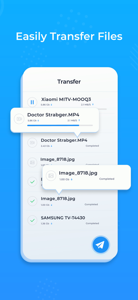 Send files to Android TV - Interface of the Send files to Android TV app showing active and completed file transfers for MP4 and JPG files to smart TVs