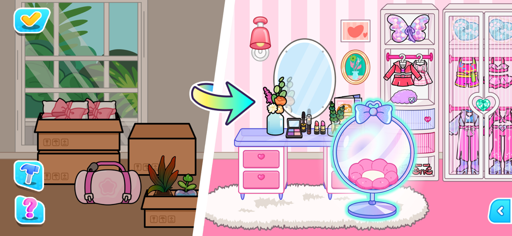 Aha World: Avatar & Family Fun - A side-by-side comparison showing a room transformed from moving boxes to a decorated pink bedroom with a vanity and wardrobe.