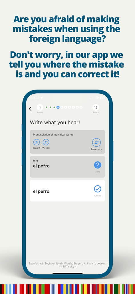 Qlango app interface showing a Spanish writing lesson with real-time feedback and mistake correction.