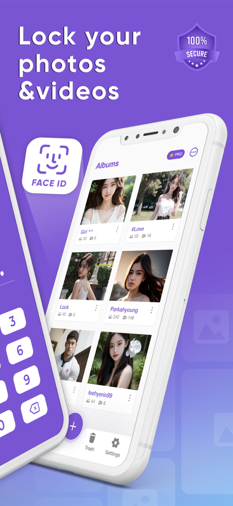 Photo vault - Photo lock app - Photo vault app interface showing secure photo albums and face ID authentication