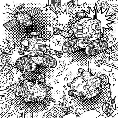 Embark on an exhilarating journey with this Pop Art Exploration Robots coloring page, featuring brave bots ready for cosmic and oceanic discovery. This dynamic design combines mechanical marvels with the iconic visual punch of Pop Art, offering a unique and engaging coloring experience.