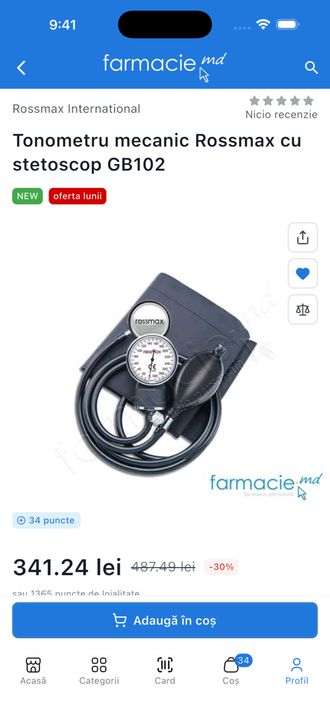 Rossmax mechanical blood pressure monitor displayed on the Farmacie md pharmacy app product page