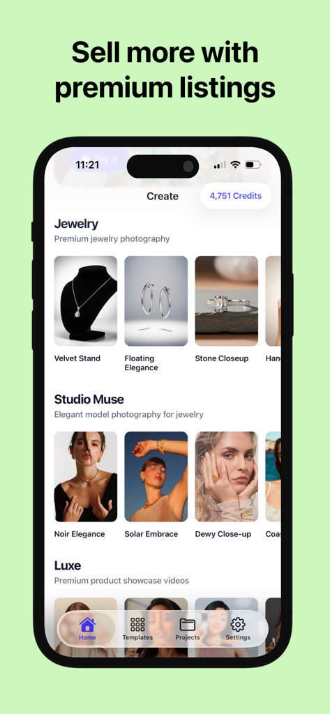 Lorean: AI Product Studio - A smartphone interface displaying Lorean AI Product Studio app with options for premium jewelry photography and model photography for e-commerce listings.