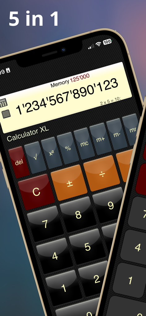 Calculator XLt - Calculator XLt app interface on iPhone featuring extra large illuminated buttons and a 5 in 1 feature label