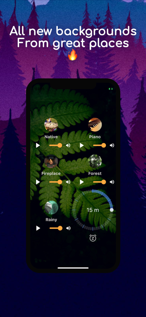 Nature Sounds : Relax & Calm - Interfaz de la app Sonidos de la Naturaleza con mezcla de sonido personalizable que incluye bosque y lluvia con un temporizador de sueño