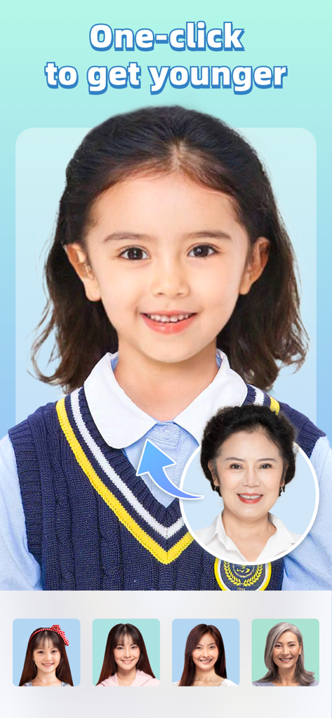 Piscmate - Photo Editor - A screenshot of the Piscmate app demonstrating an AI photo filter that transforms an adult face into a younger version of itself