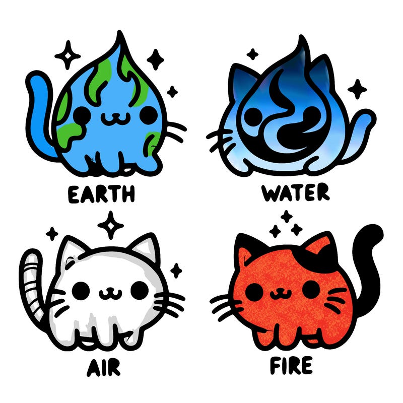 4 cats that represent the different elements, earth, water, air, and fire
