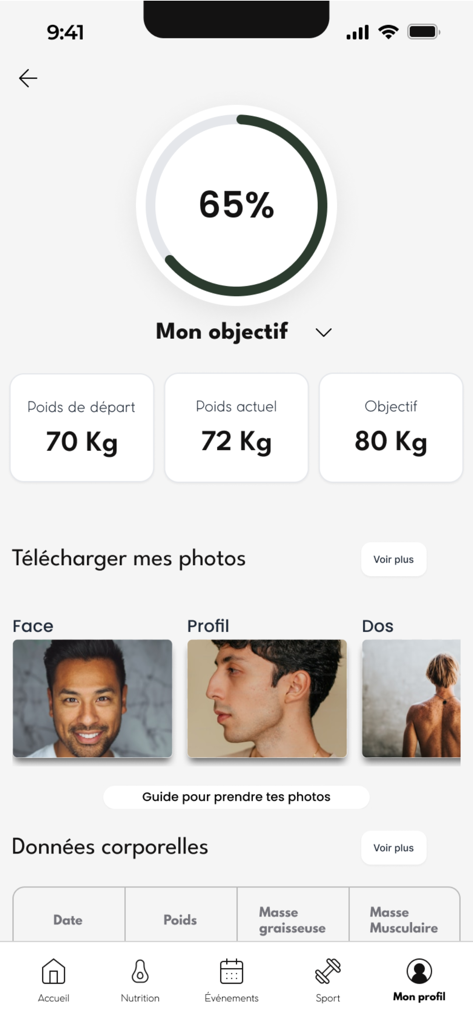 Boost-yourself - Panel del perfil de usuario en la aplicación Boost-yourself que muestra el seguimiento del progreso de peso y fotos de transformación corporal.