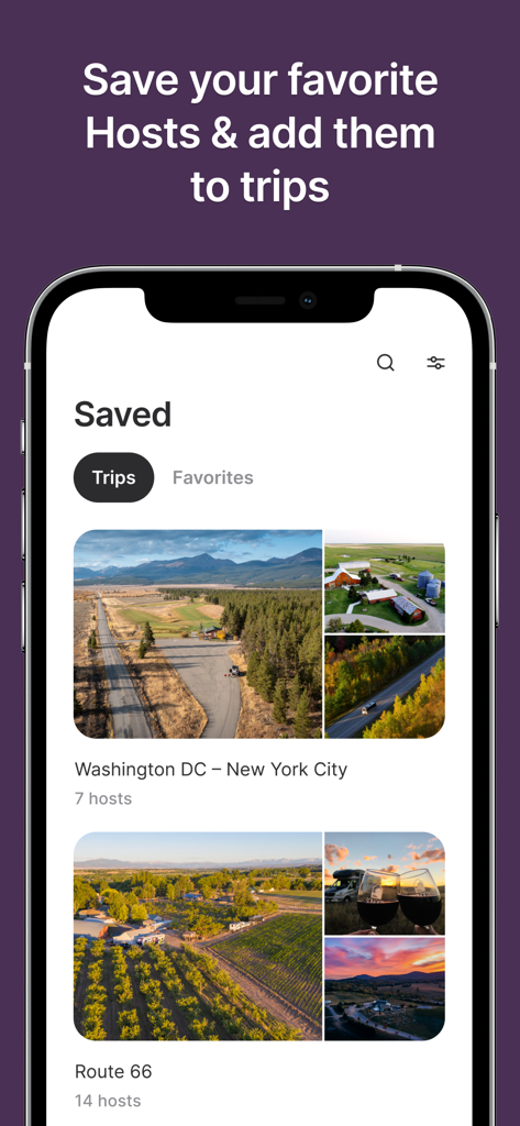 Harvest Hosts app interface showing saved RV trip itineraries and favorite host locations.