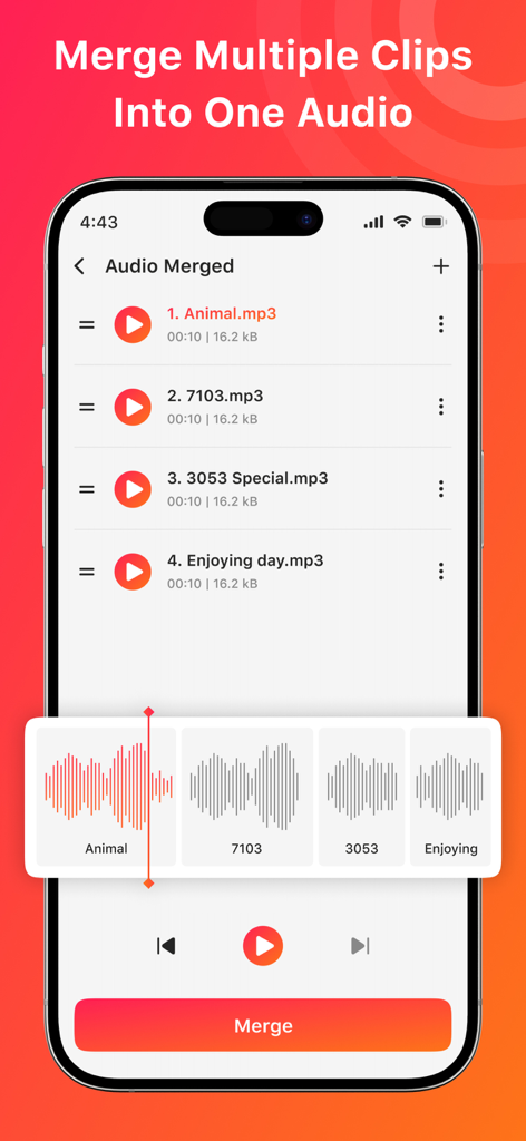 Mobile app interface showing a list of audio files and waveforms for merging multiple clips into one audio