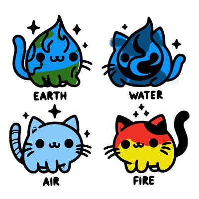 4 cats that represent the different elements, earth, water, air, and fire