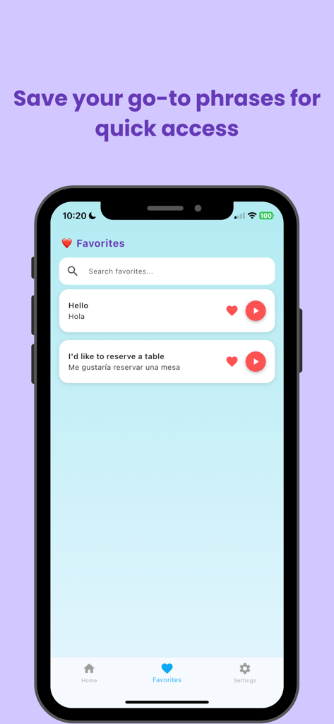 Spanish Phrasebook - スペイン語会話帳アプリのお気に入り画面。音声再生ボタン付きの保存されたフレーズが表示されています。