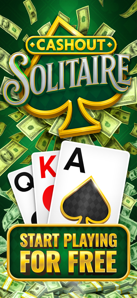 Cashout Solitaire - Win Money - Promotional banner for Cashout Solitaire featuring playing cards and falling US dollar bills.