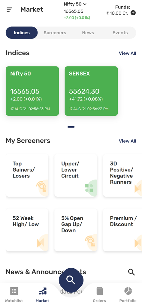 WellTrade mobile app dashboard showing Nifty 50 and SENSEX indices with various stock market screeners