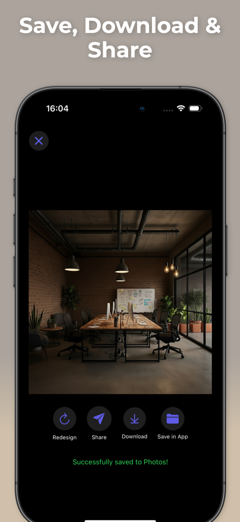 Office & Home Design Planner - Uma tela de iPhone mostrando um design de escritório industrial no aplicativo Office and Home Design Planner com botões de salvar e compartilhar