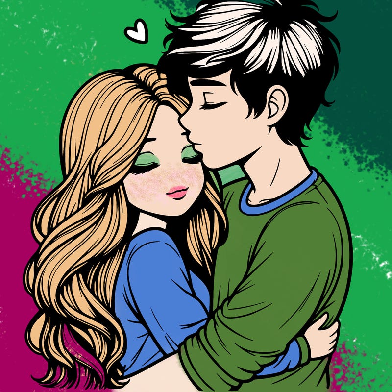 a realistic couple boy and girl hugging and kissing