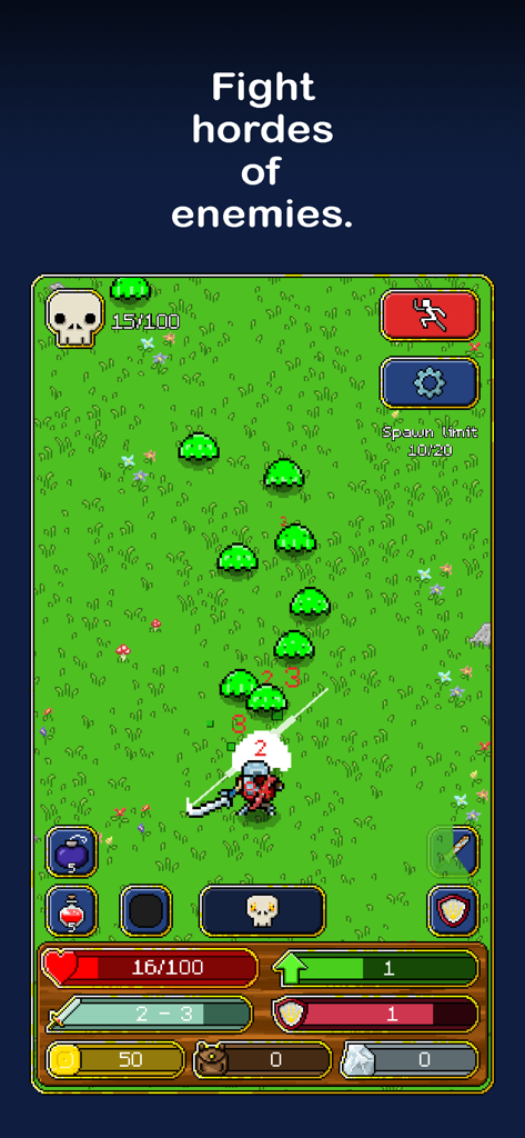 Tap Knight - Idle Adventure - Tap Knight luchando contra una horda de enemigos de slime verde en un campo de arte pixelado.