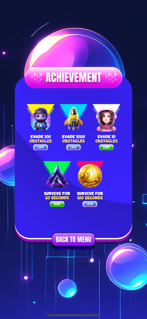 In-game achievement screen showing various milestones for evading obstacles and survival time in Ball Unifying Dodger.