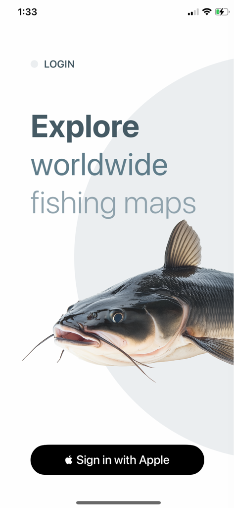Fishing Maps - Anmeldebildschirm für die Fishing Maps App mit einem großen Wels und dem Text Erkunden Sie weltweite Angelkarten