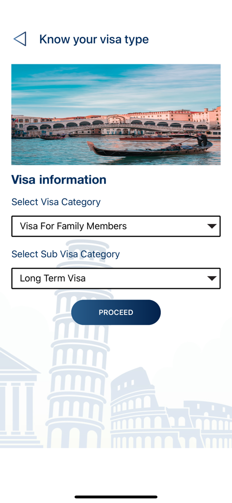 Italy Global app screen showing visa category selection for family members and long term visa with an image of Venice