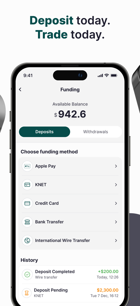 Zad Fintech - Zad Fintech app funding interface showing deposit methods and account history