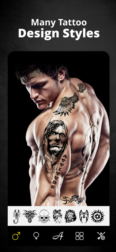 Tattoo Maker Design Editor - A mobile app screen showing a man with virtual tattoos on his back and a selection of tattoo design icons at the bottom