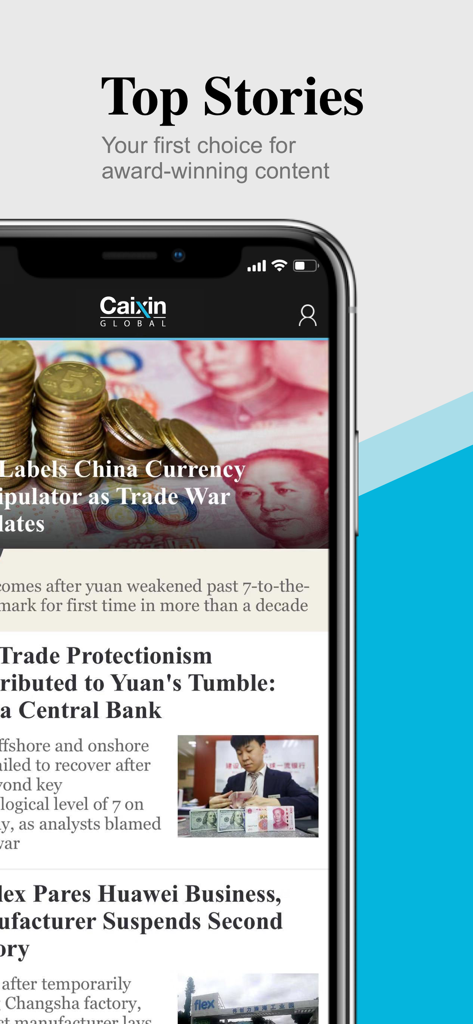 Caixin Global - Smartphone screen showing the Caixin Global news app featuring top stories on Chinese finance and trade.