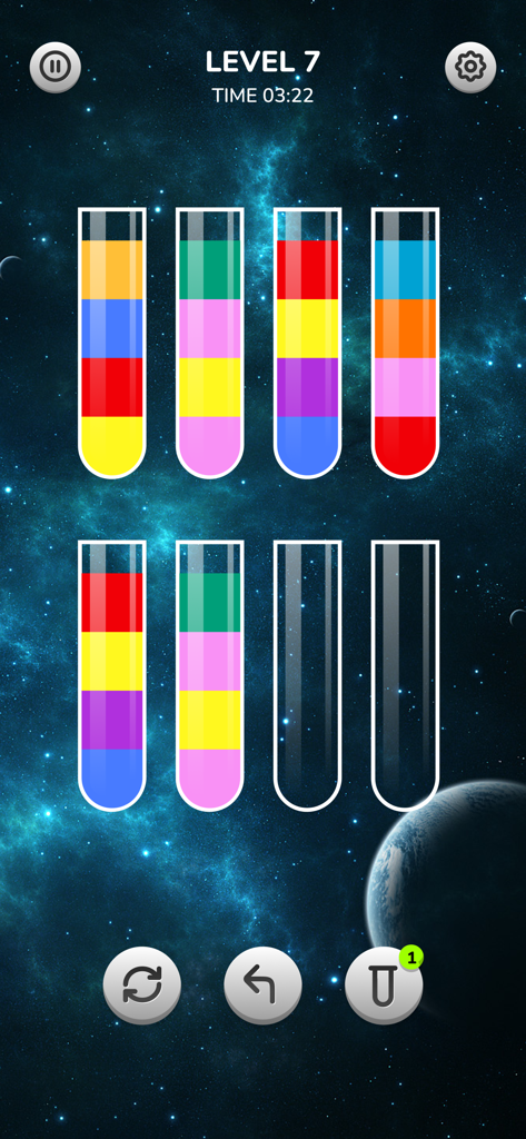 Color Water Sorting Game Tubes - A color water sorting puzzle game level featuring colorful liquid tubes and a space background